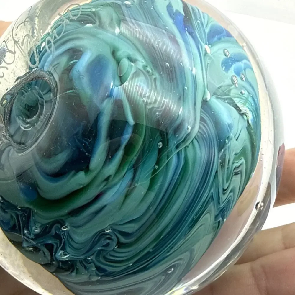 Signed Blue Green Swirl Art Glass Paperweight Control Bubbles Metallic Accents